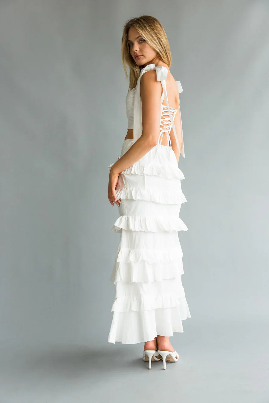 Dawn Bow Strap Bustier Top + Tiered Ruffle Skirt Set