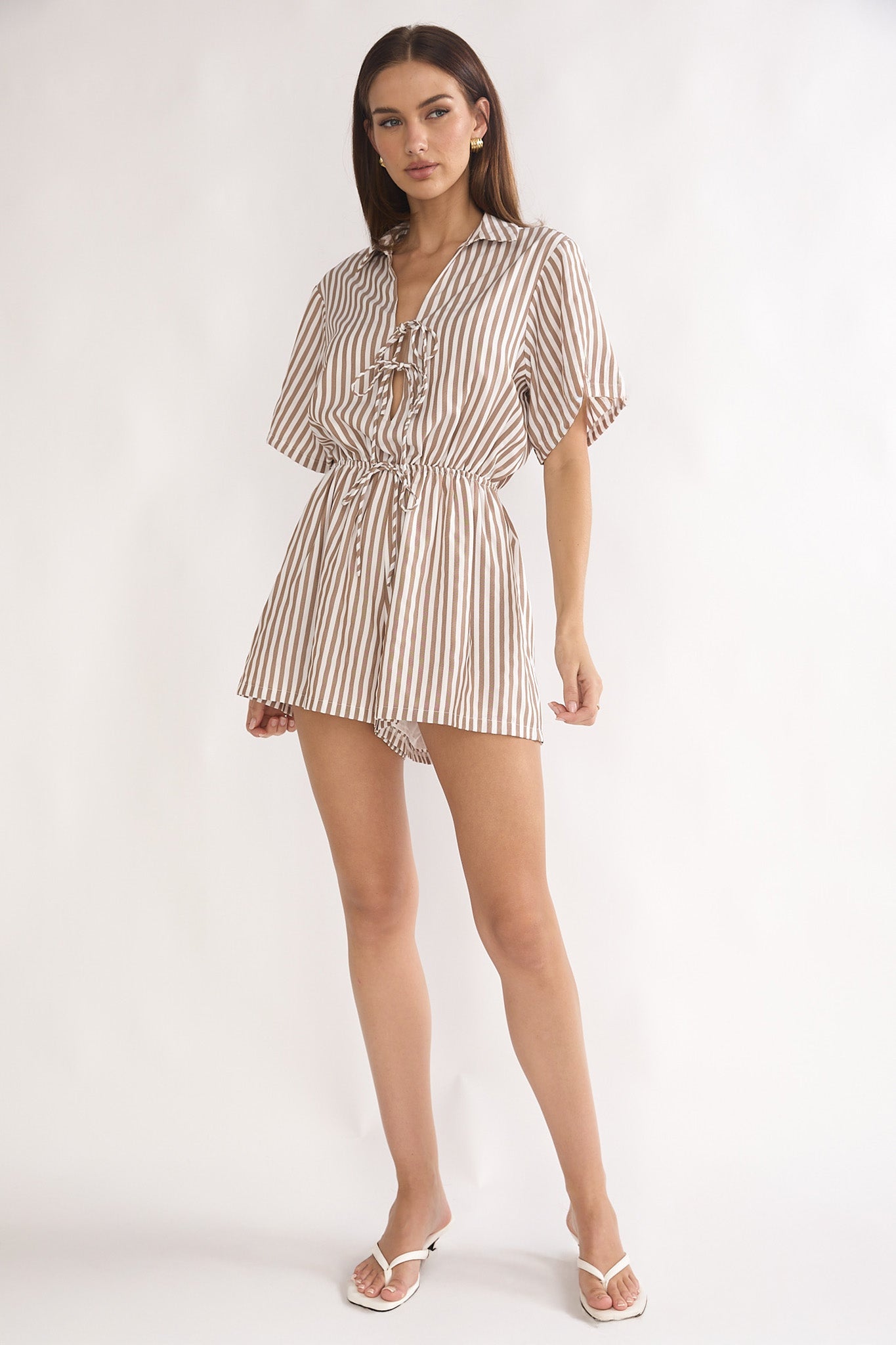 Devon Tie Front Romper Stripe Chocolate